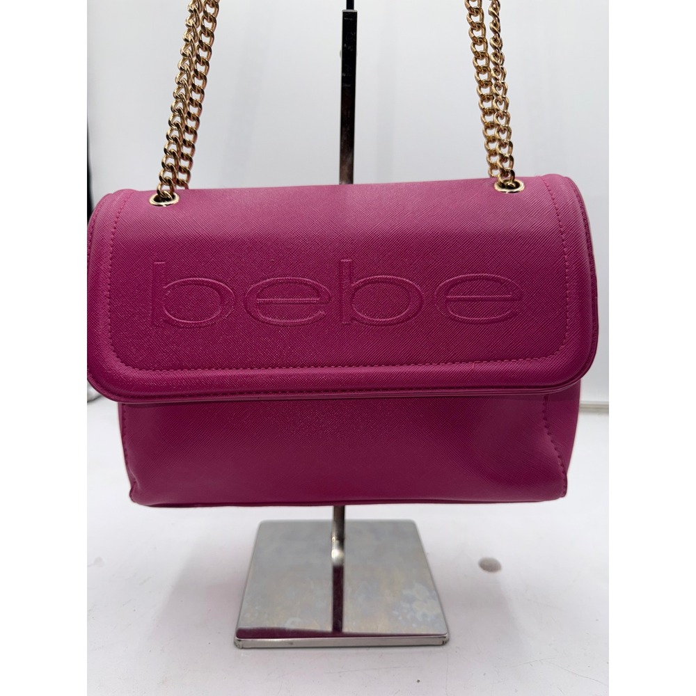 Bebe Magenta Pink Saffiano Faux Leather Logo Flap Shoulder Bag Gold Chain Strap